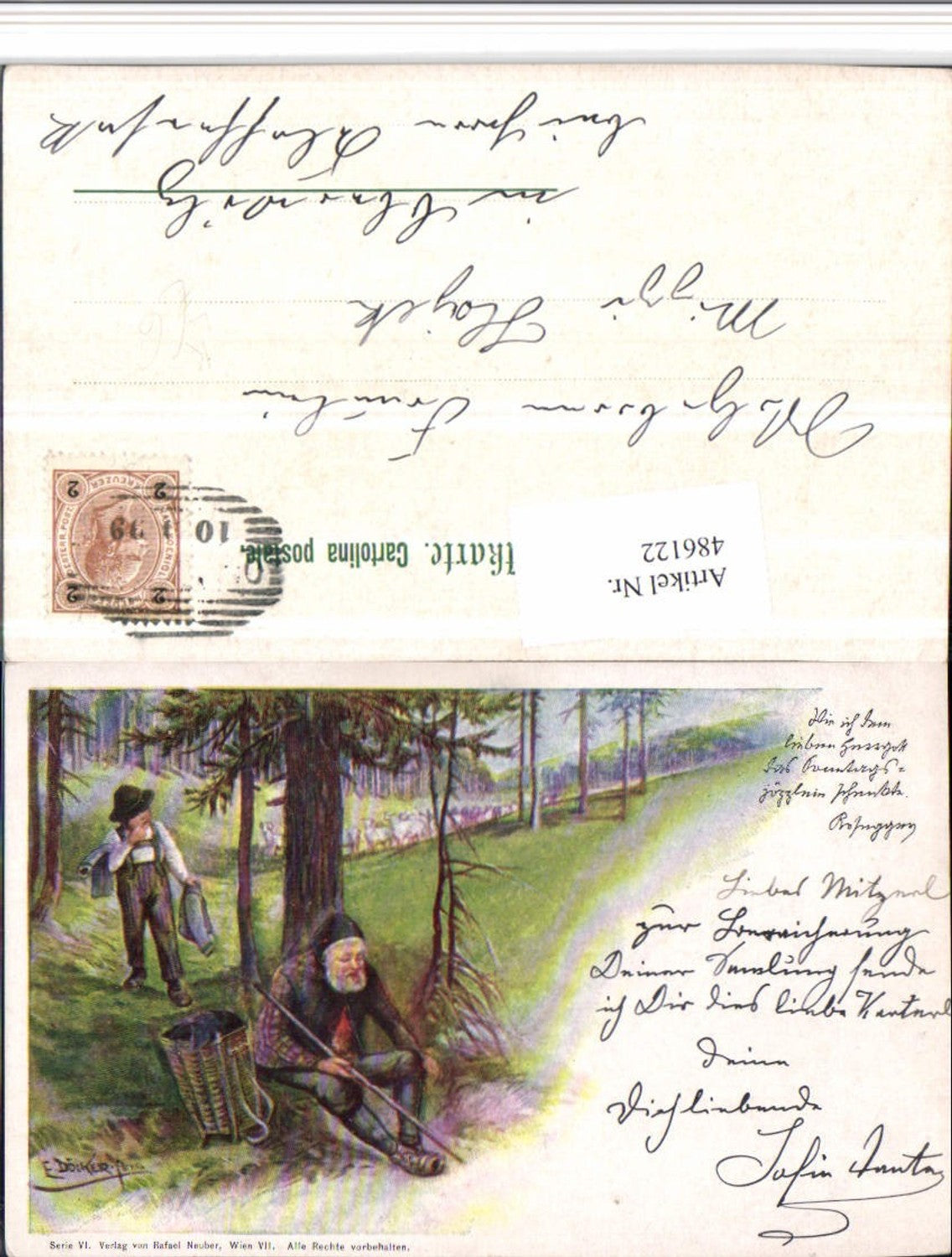 486122,Künstler Litho E. Döcker jun. Mann Junge Korb Wald Schafherde