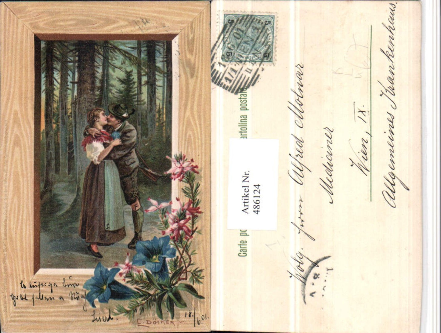 486124,Künstler Litho E. Döcker jun. Liebe Paar Kuss Tracht Passepartout