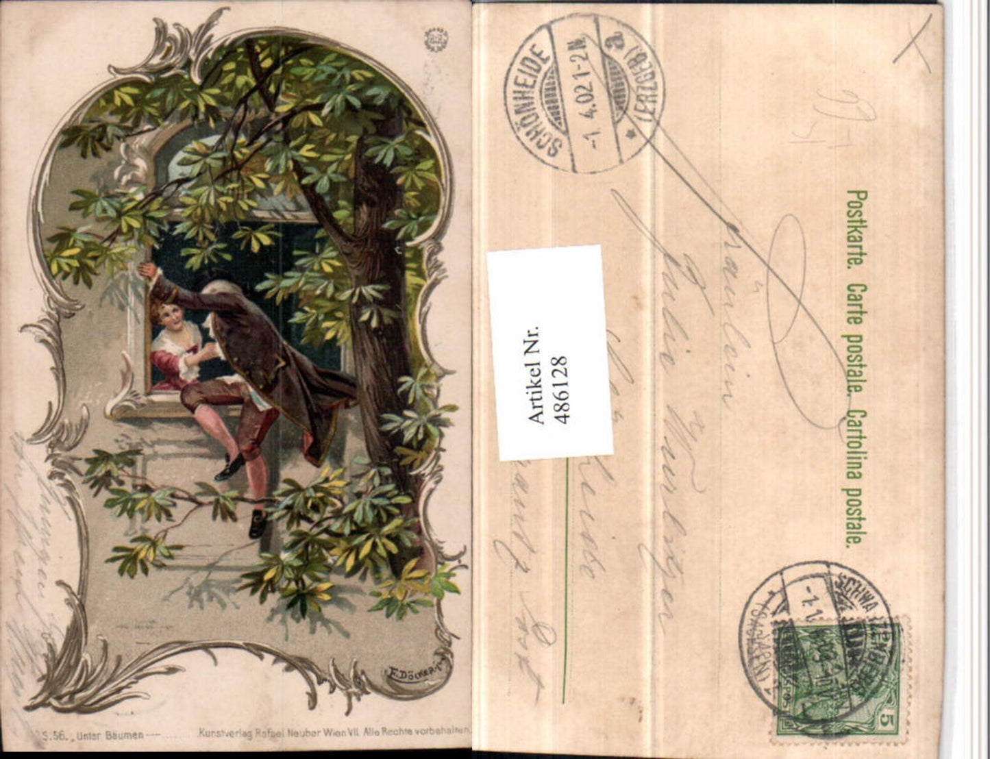 486128,Künstler Litho E. Döcker jun. Unter Bäumen Liebe Paar Fenster