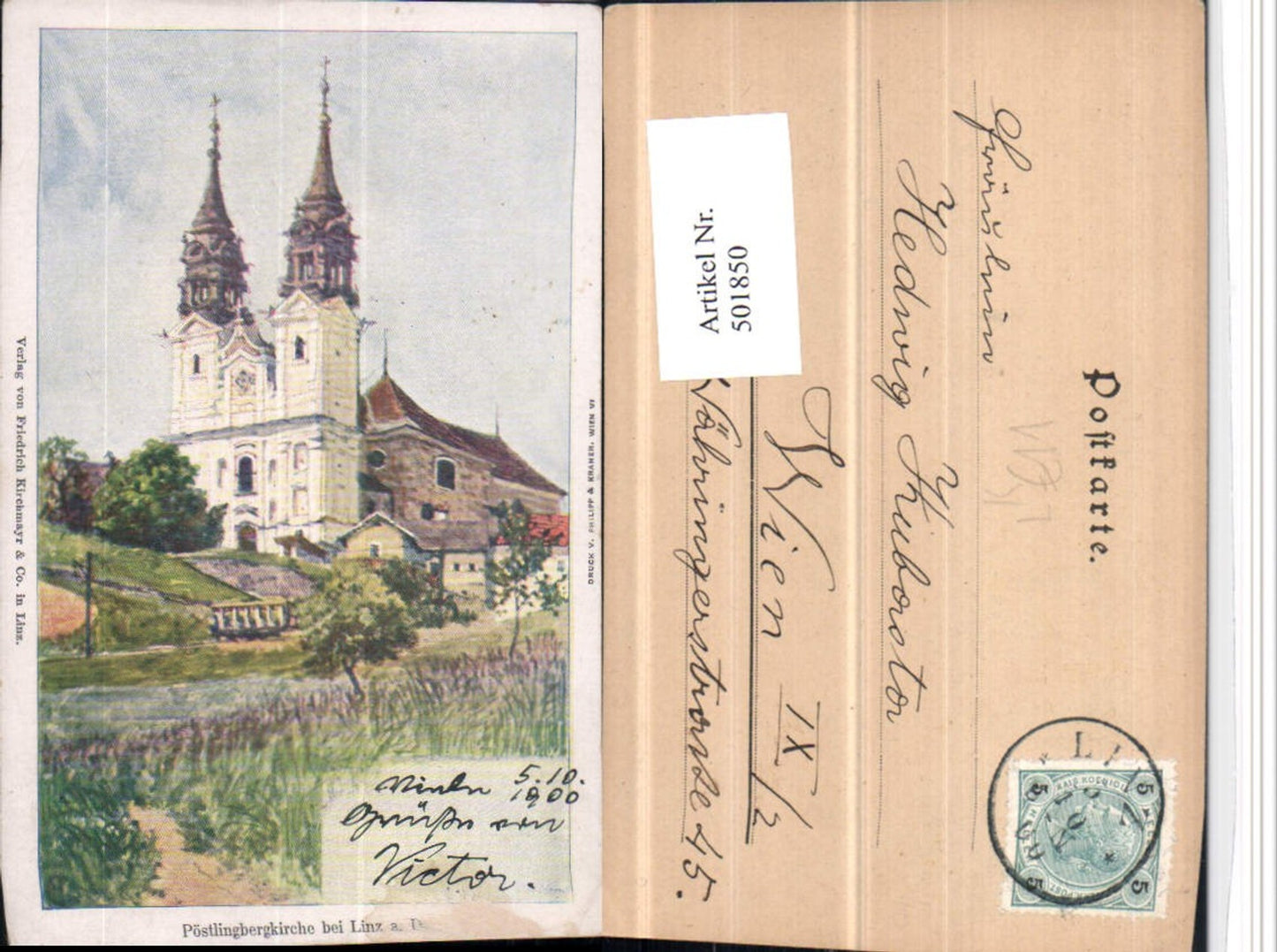 501850, Artist Lithograph Linz on the Danube Pöstlingberg Church