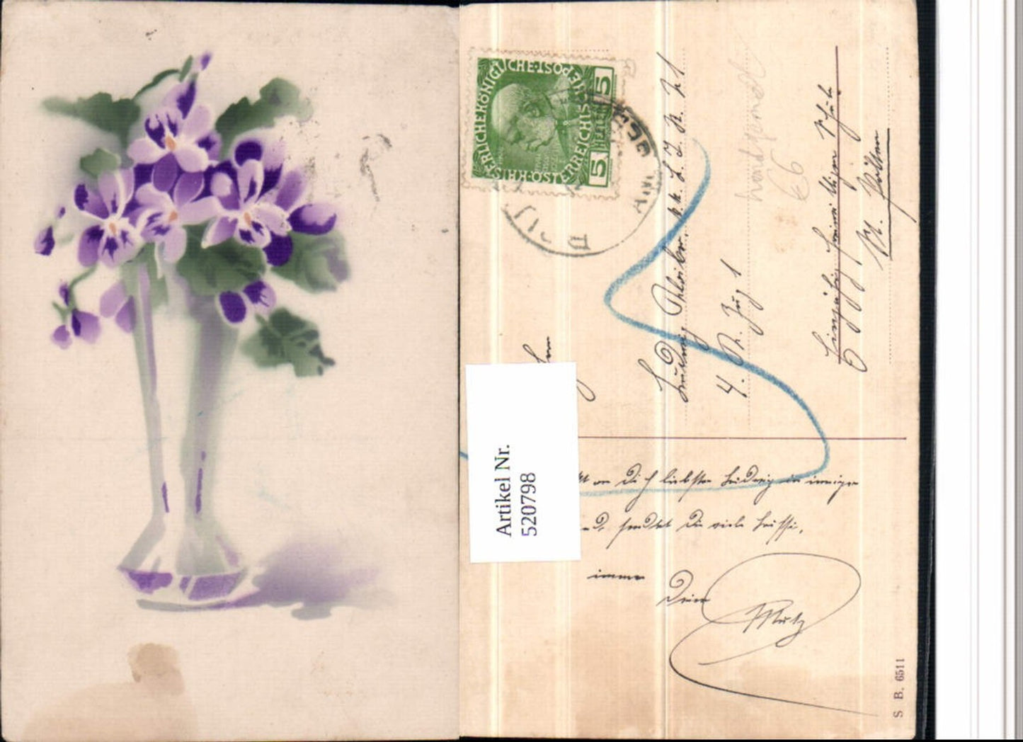 520798, Artist AK Hand-painted Violet Flowers Vase