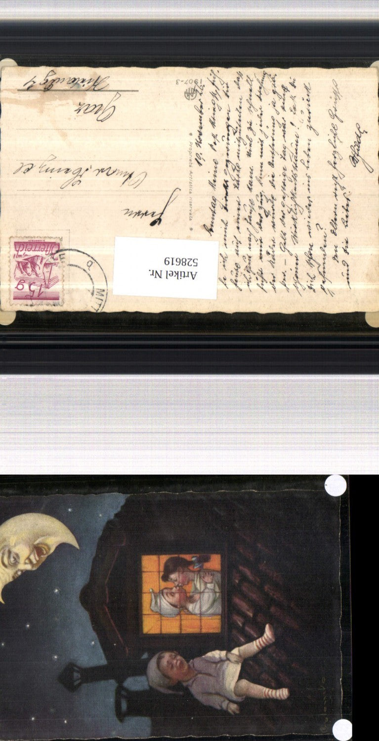 5285619,Künstler AK E. Colombo Mondgesicht Mond Mondschein AK Kuss Kind Humor