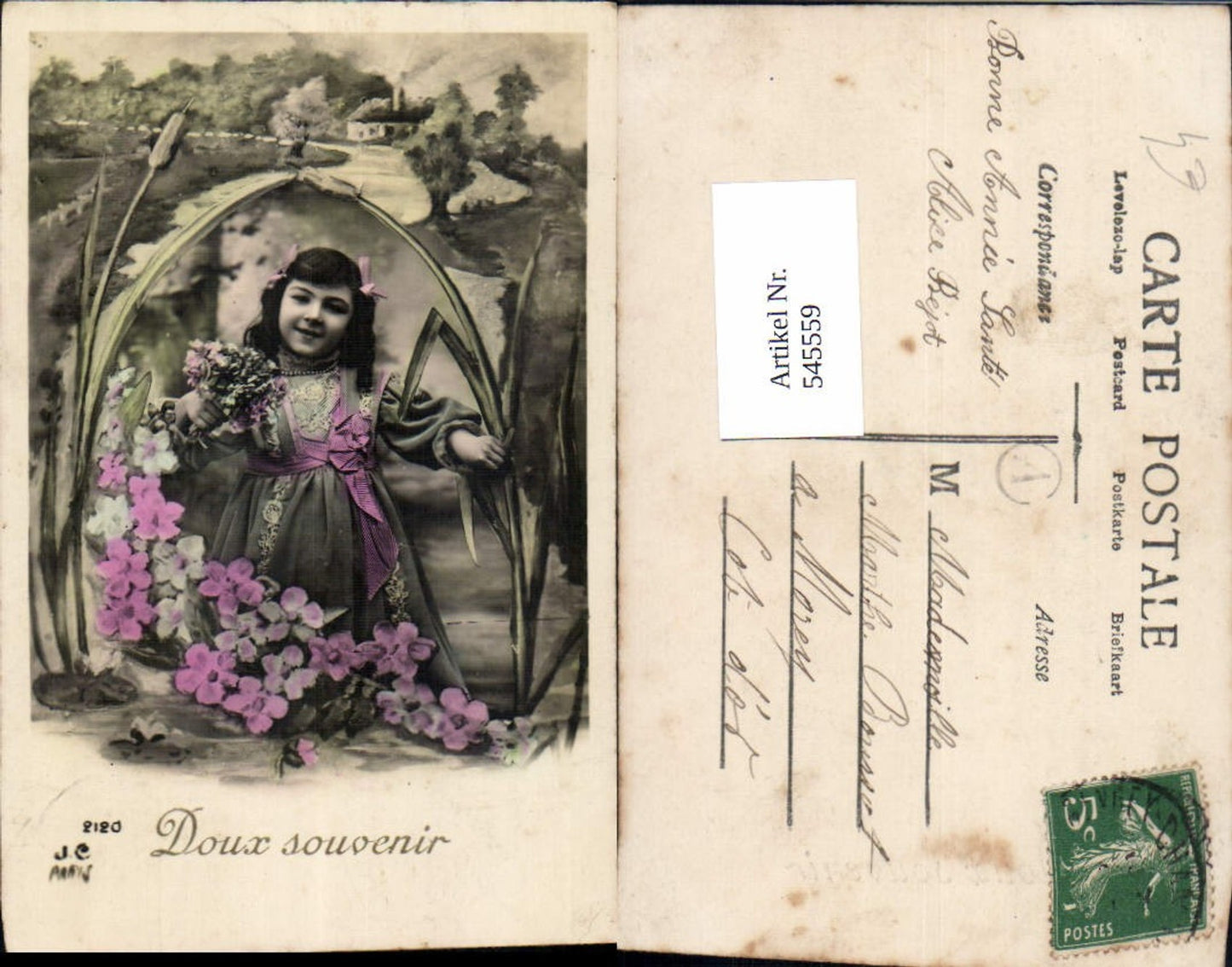 545559, Photomontage Photo-AK Children Girls Flowers Reeds