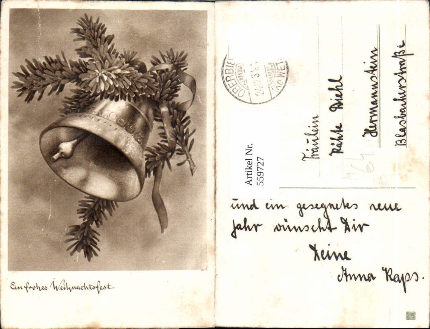 559727, Christmas fir branch bell bow