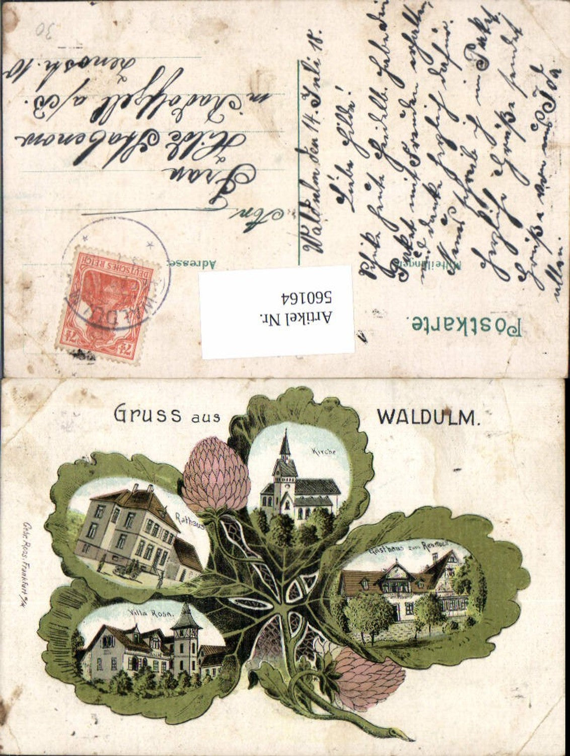 560164, Cloverleaf lithograph Waldulm Gasthaus z. Rebstock Church Kappelrodeck