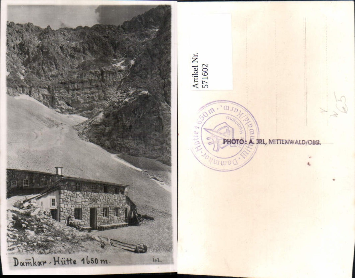 571602, Damkar Hut Dammkarhütte Mittenwald pub A. Jrl