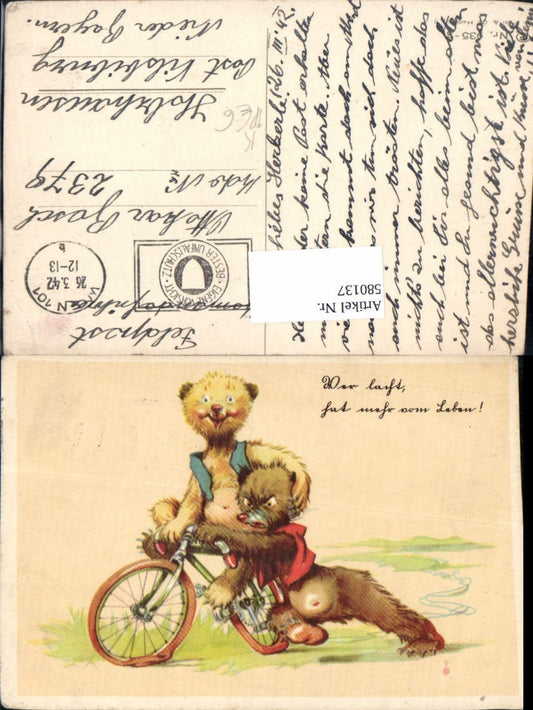 580137, Artist AK G. Pahl Humor Bears Wheel Bicycle Field Post Holzhausen