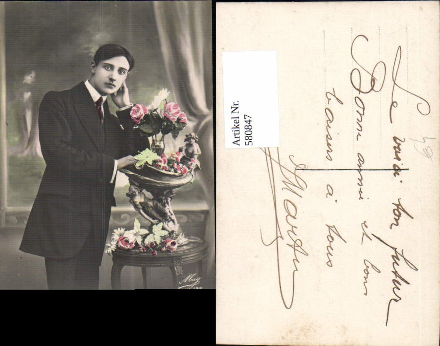 580847, Man in Suit, Vase of Roses and Flowers