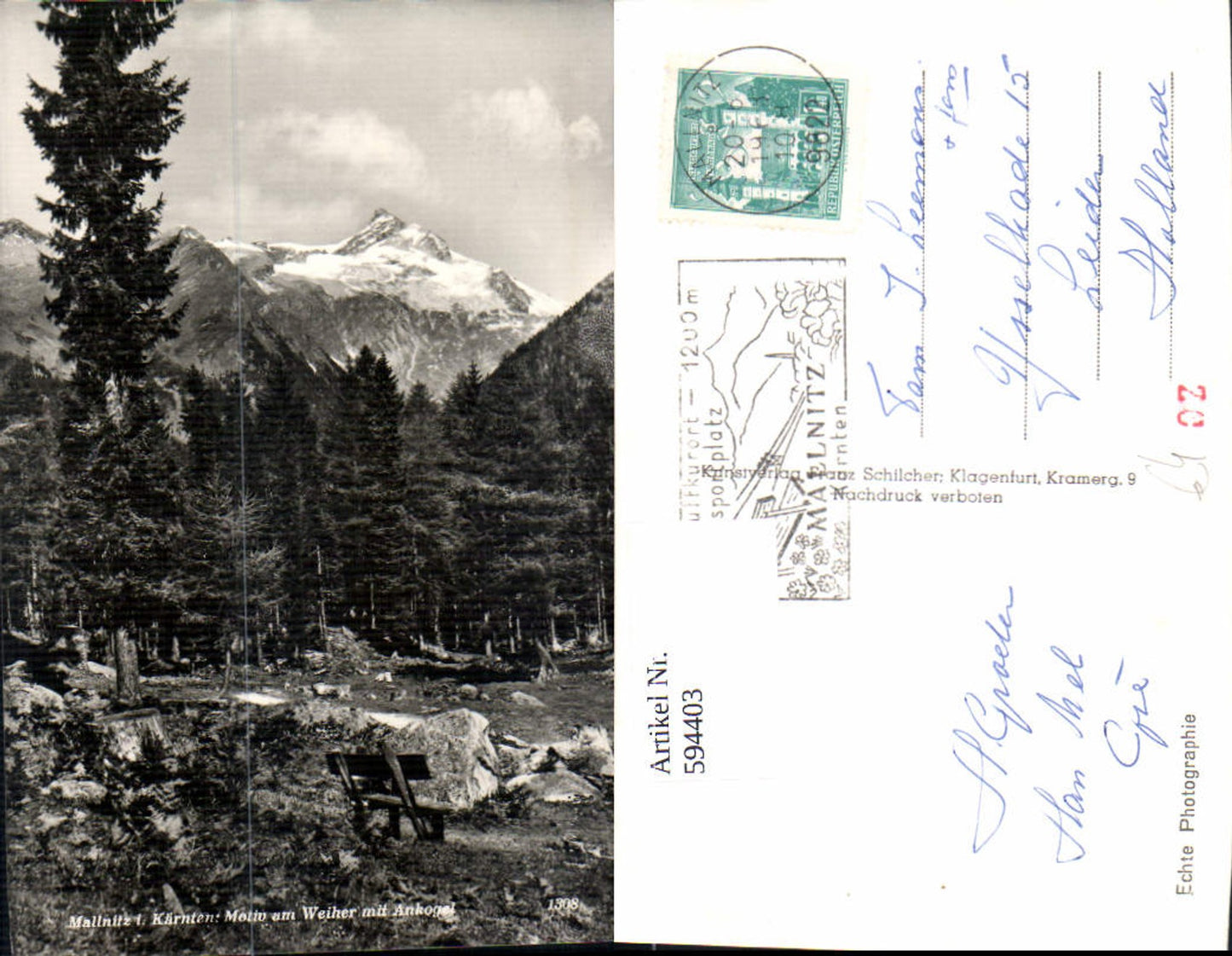 594403, photo postcard Mallnitz motif a. Pond m. Ankogel