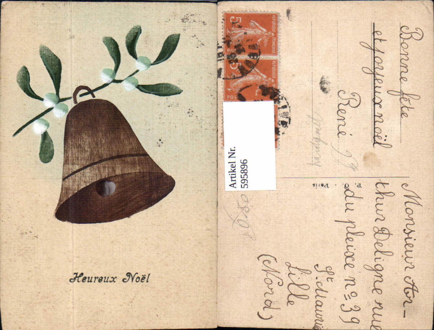 595896, Hand-painted Christmas Mistletoe Bell Heureux Noel