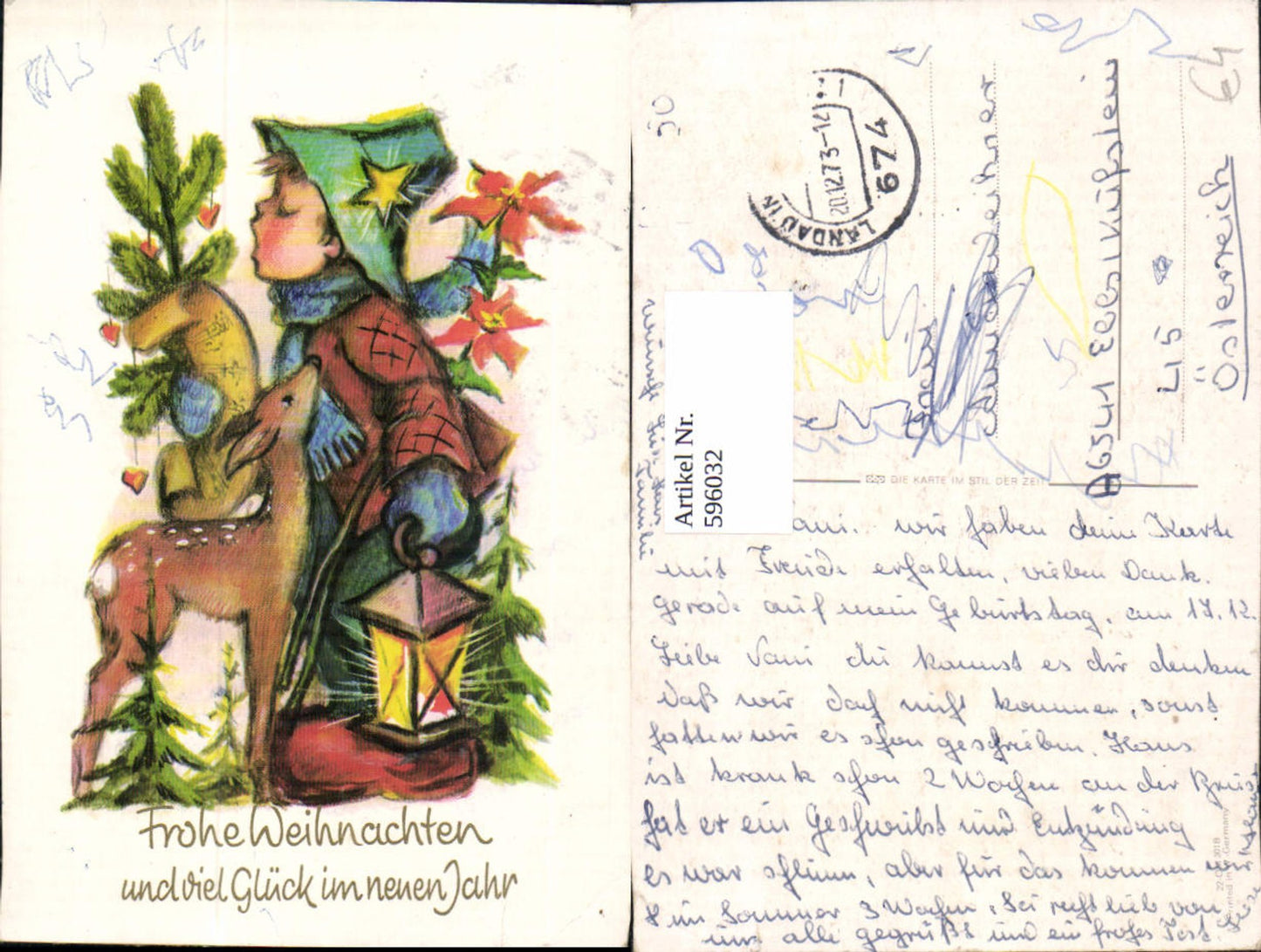 596032, Artist Ak Christmas Boy Sings Lantern Deer Flowers