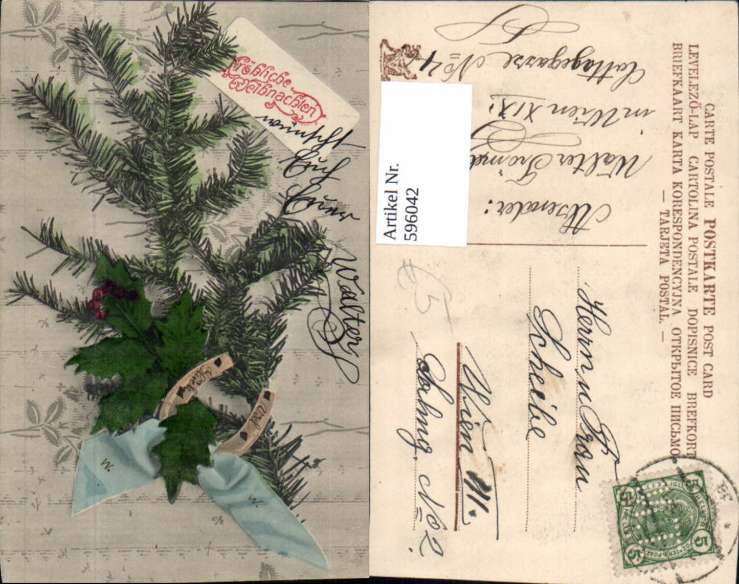 596042, Christmas fir branch horseshoe bow oak leaf