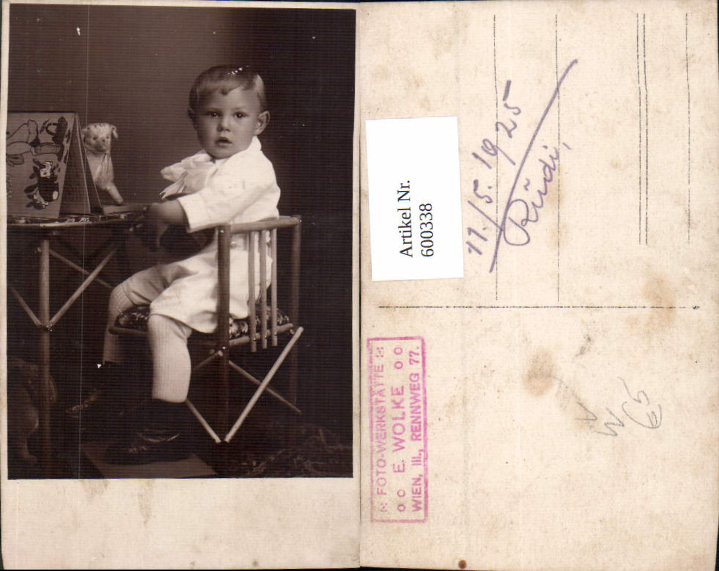 600338, Photo Ak Child Boy with Toy Book pub E. Wolke Vienna