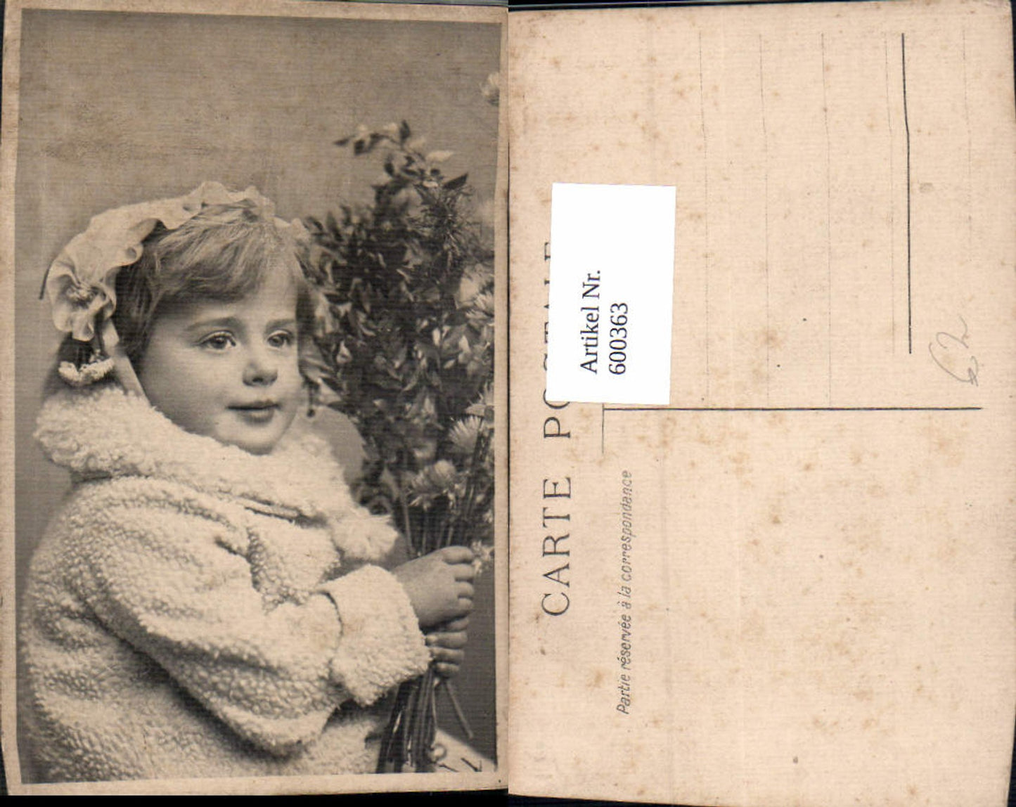 600363, Child girl with bonnet, hat, and bouquet of flowers