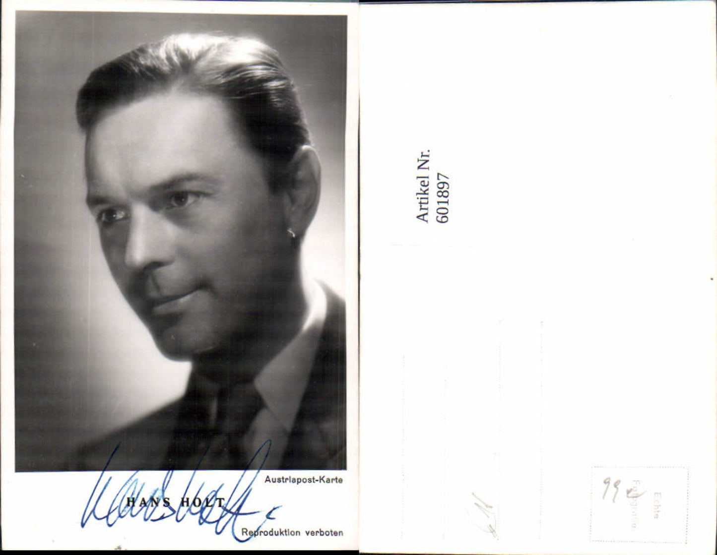 601897, Autograph card Hans Holt actor autograph