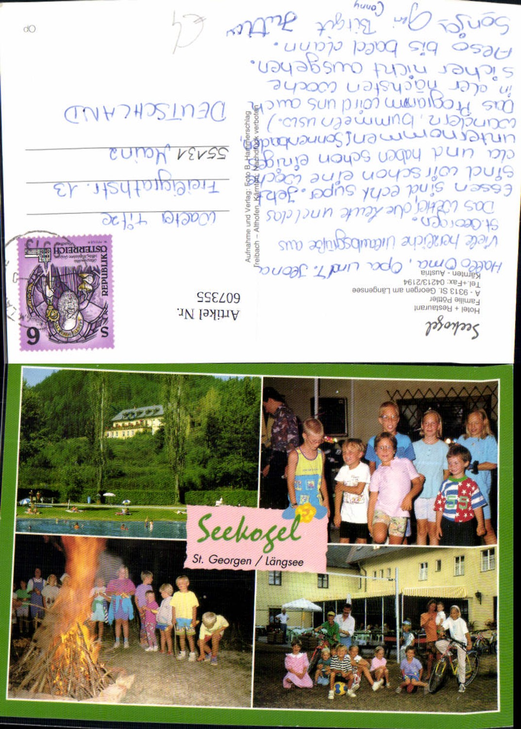 607355, Multi-image postcard St. Georgen am Längensee Hotel Restaurant Seekogel Campfire