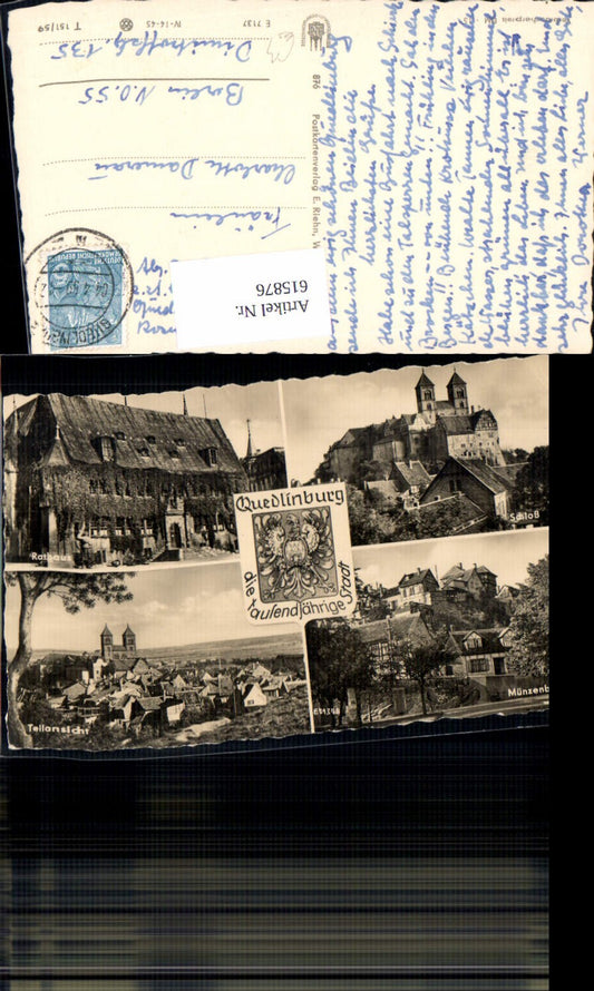 615876, Multi-image postcard Quedlinburg, partial view of the town hall and Münzenberg Castle