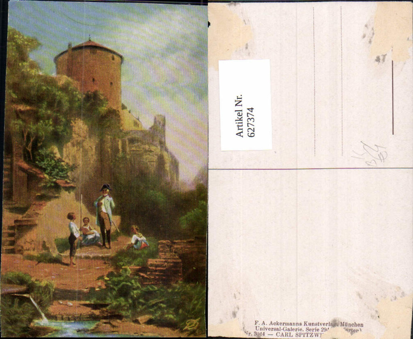 627374,Künstler Ak Carl Spitzweg Soldat m. Kinder Burg Festung