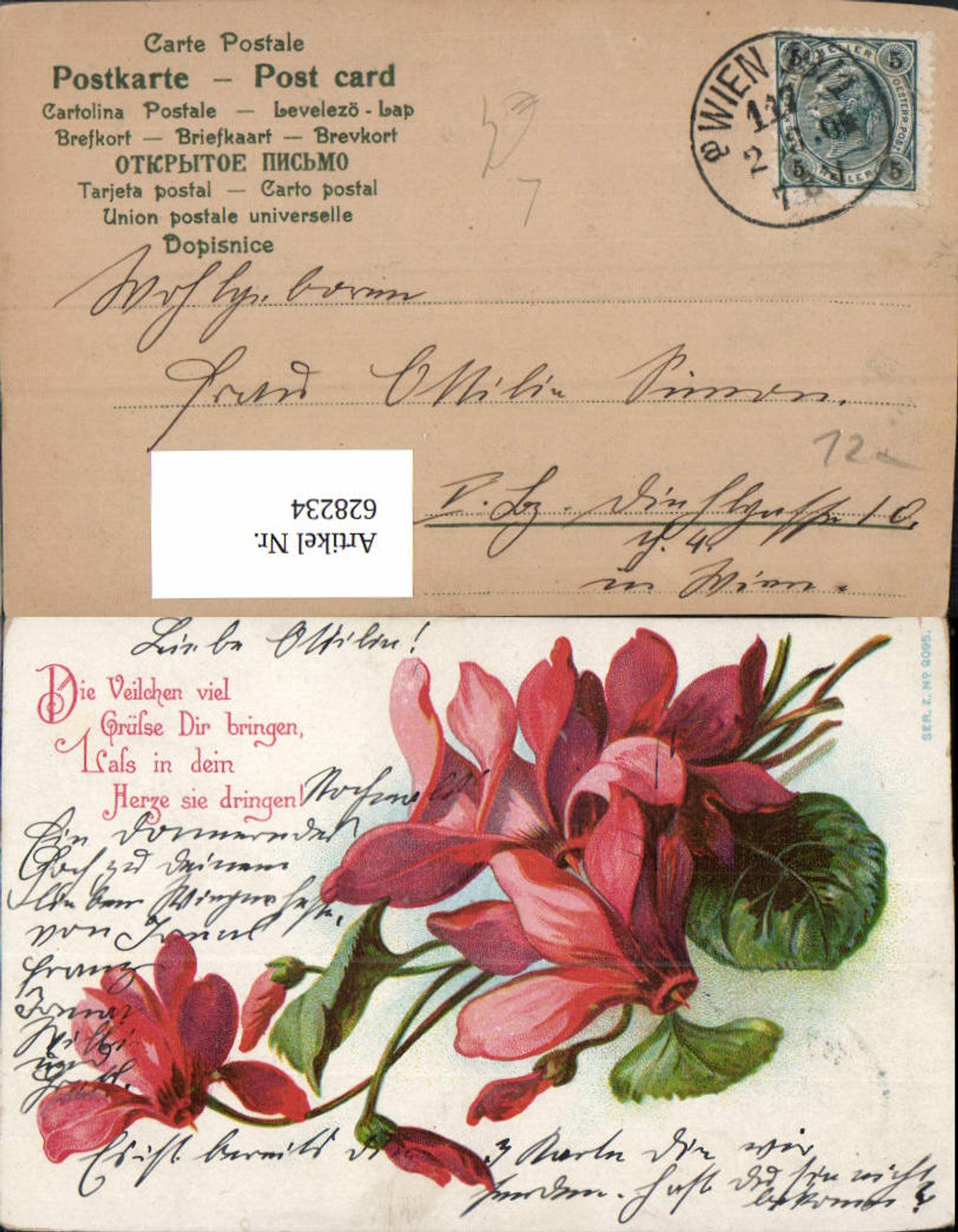 628234,Künstler Litho Blumen Veilchen Spruch Text