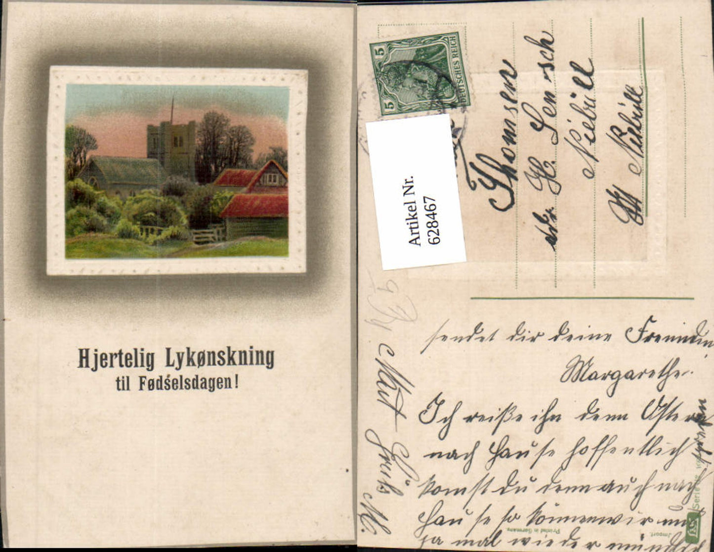 628467,Künstler Ak Kirche Dorf Hjertelig Lykonskning til Fodselsdagen