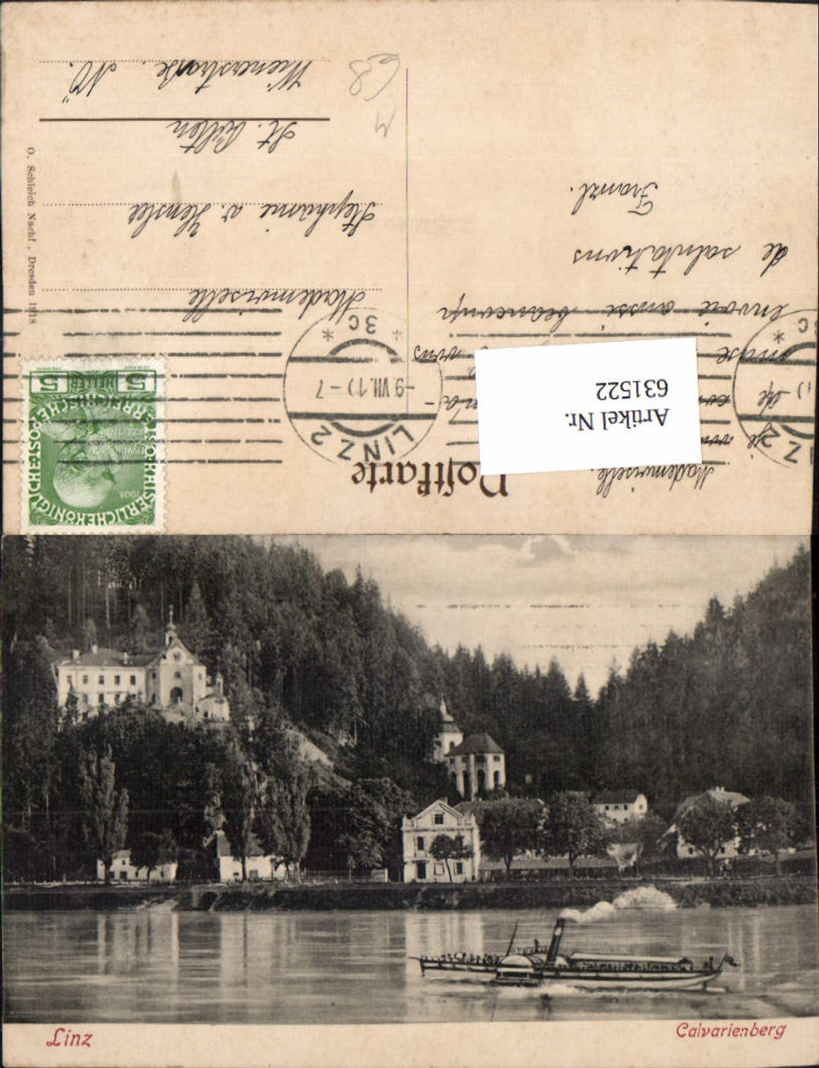 631522, Linz on the Danube Calvarienberg Steamer 1918 Ship