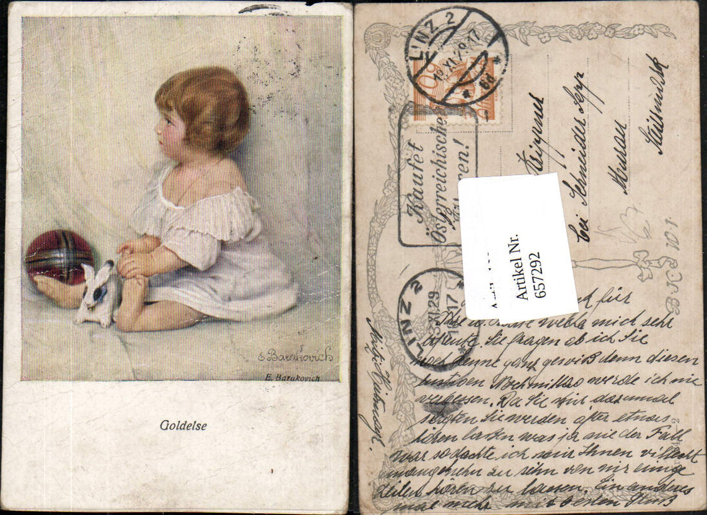 657292,Künstler AK E. Barakovich Mädchen Kind Ball Hase Goldelse pub B.K.W.I. 244-2