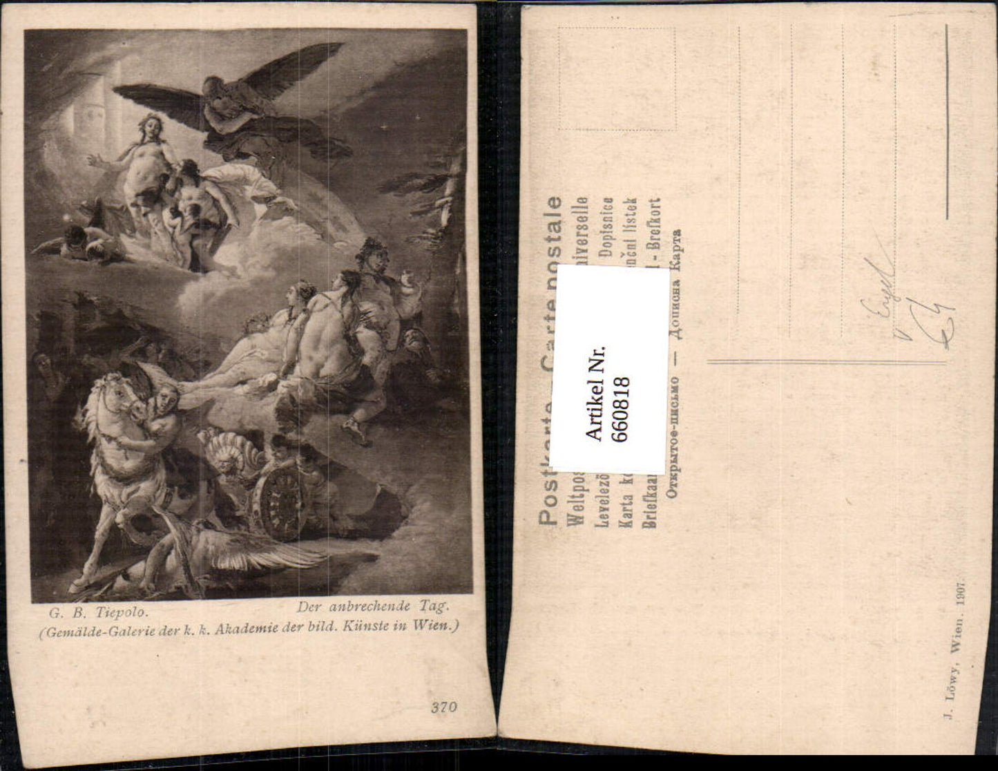 660818,Künstler Ak G. B. Tiepolo Der anbrechende Tag Engel pub J. Löwy 370