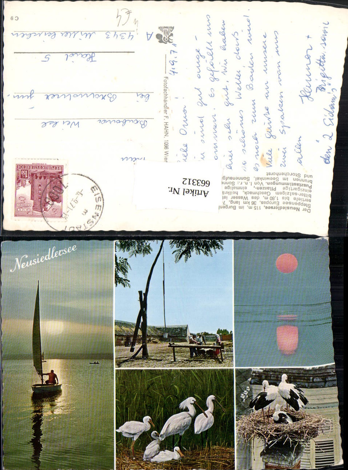 663312, Multi-image Ak Neusiedlersee sailboat storks fountain Seewinkel Podersdorf am See