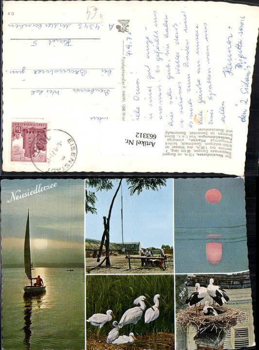 663312, Multi-image Ak Neusiedlersee sailboat storks fountain Seewinkel Podersdorf am See