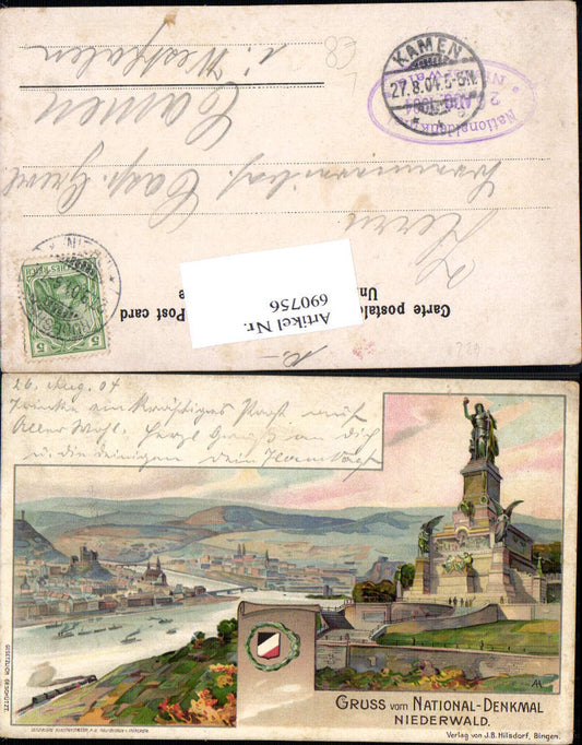 690756 Lithograph Greetings from the National Monument Niederwald Bingen Rüdesheim am Rhein 