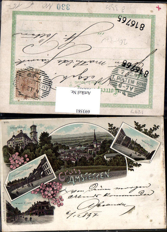 693581 Lithographie Gruss aus Amstetten Schloss Wallsee 1897