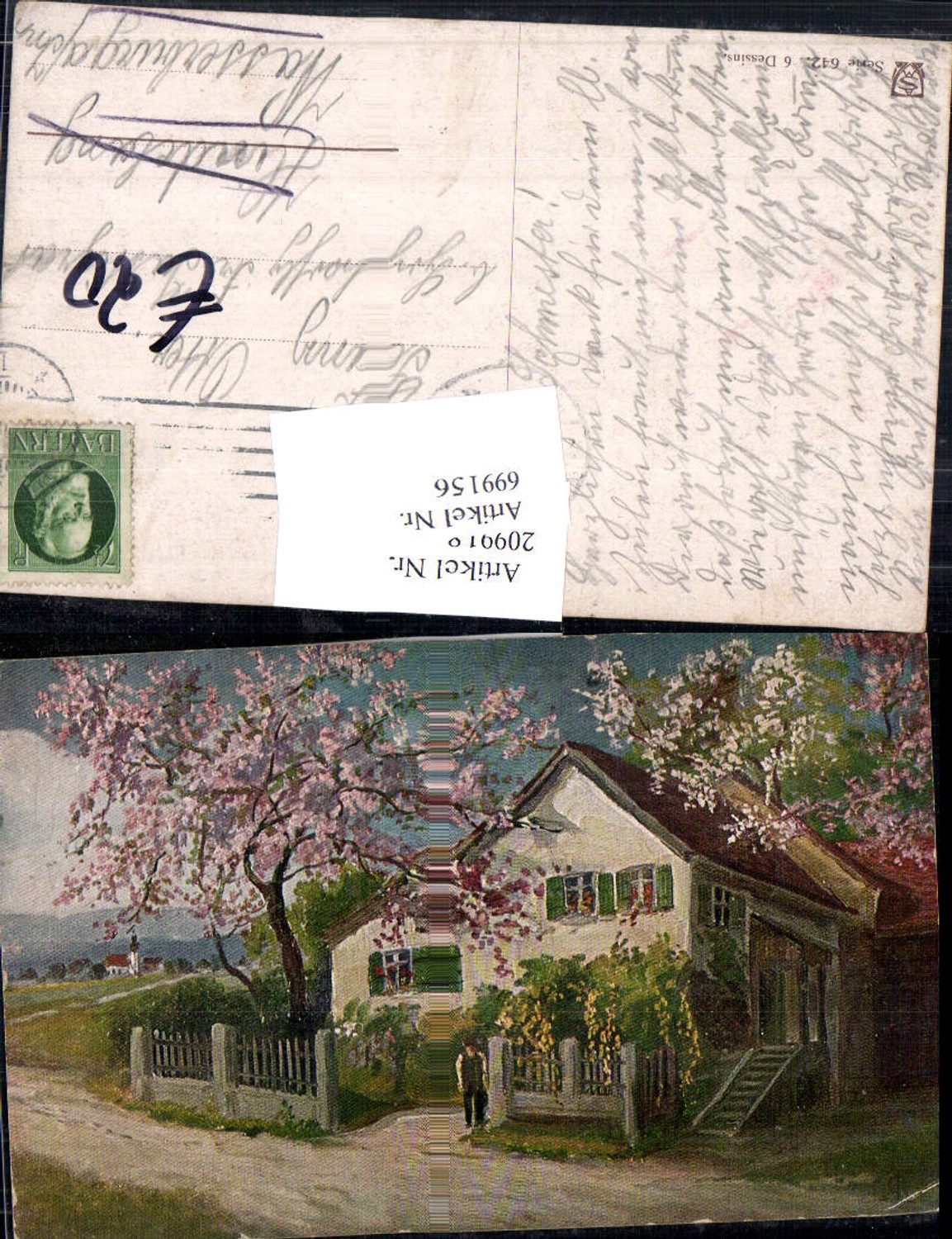 699156 Künstler AK Haus Mann Blüten Bäume gel Hindelang
