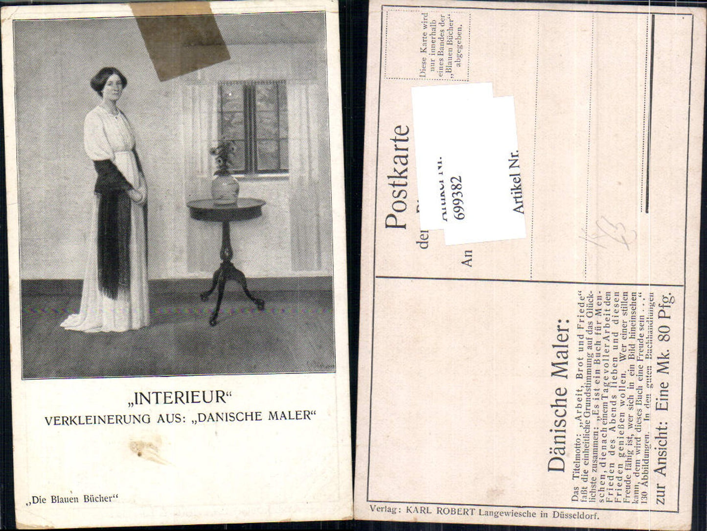 699382 Künstler AK Interieur Dänische Kunst Frau Die blauen Bücher
