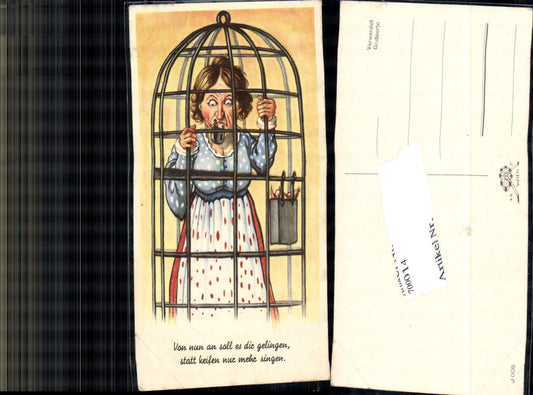 700014 Scherzkarte Humor Scherz Frauenfeindlich Frau im Käfig
