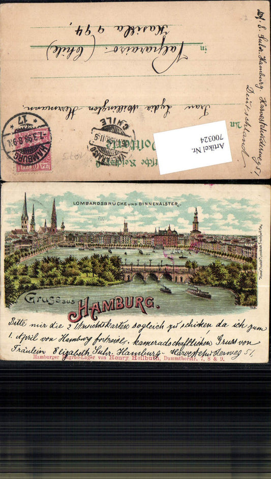 700324 Lithograph Hamburg Lombardsbrücke Inner Alster Valparaiso Chile pub Rose leaf