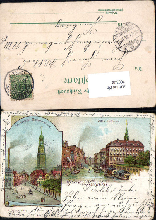 700328 Lithograph Hamburg Old Town Hall Schaarmarkt St. Michael's Church