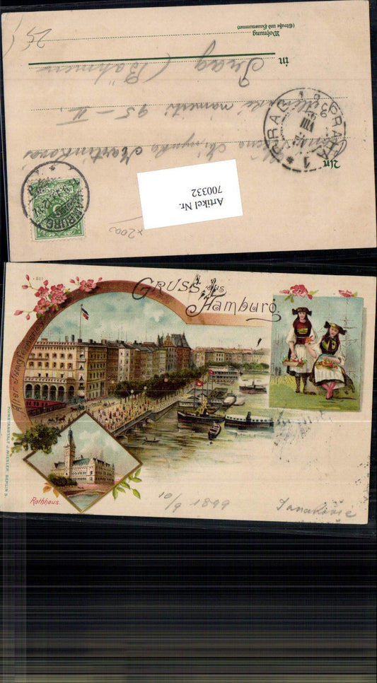 700332 Lithograph Hamburg City Hall Traditional Costumes Old Jungfernstieg pub Miesler 201