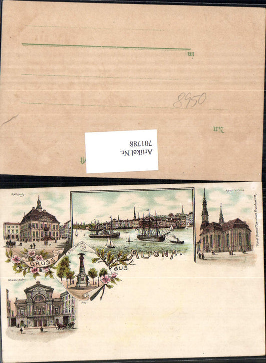 701788 Great lithograph Greetings from Altona Hamburg Town Hall City Theatre Church Theatre