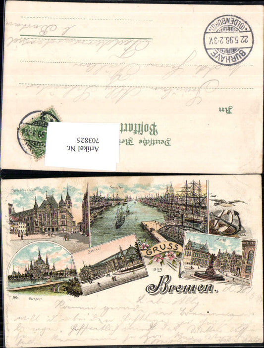 Lithograph Greetings from Bremen Train Station Harbor Market Court Burhave Oldenburg