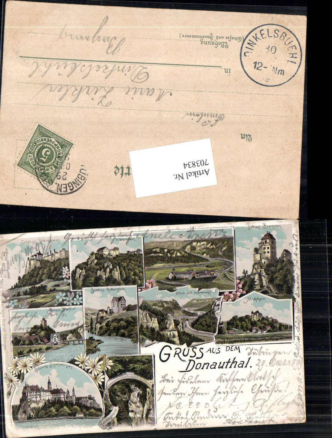 Lithographie Gruss a.d. Donauthal Sigmaringen Mühlheim Werenwag Gutenstein Bronnen Wildenstein Beuron