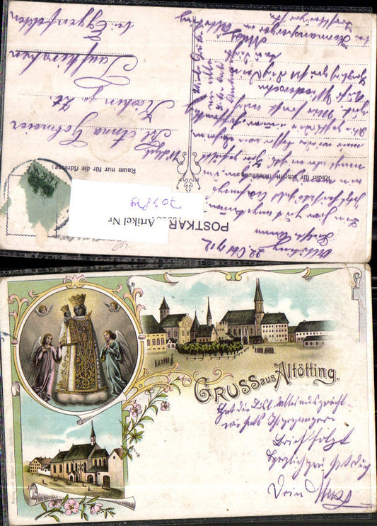 Lithograph Greetings from Altötting Mother of God gel Taufkirchen Falkenberg Eggenfelden Rottal Inn