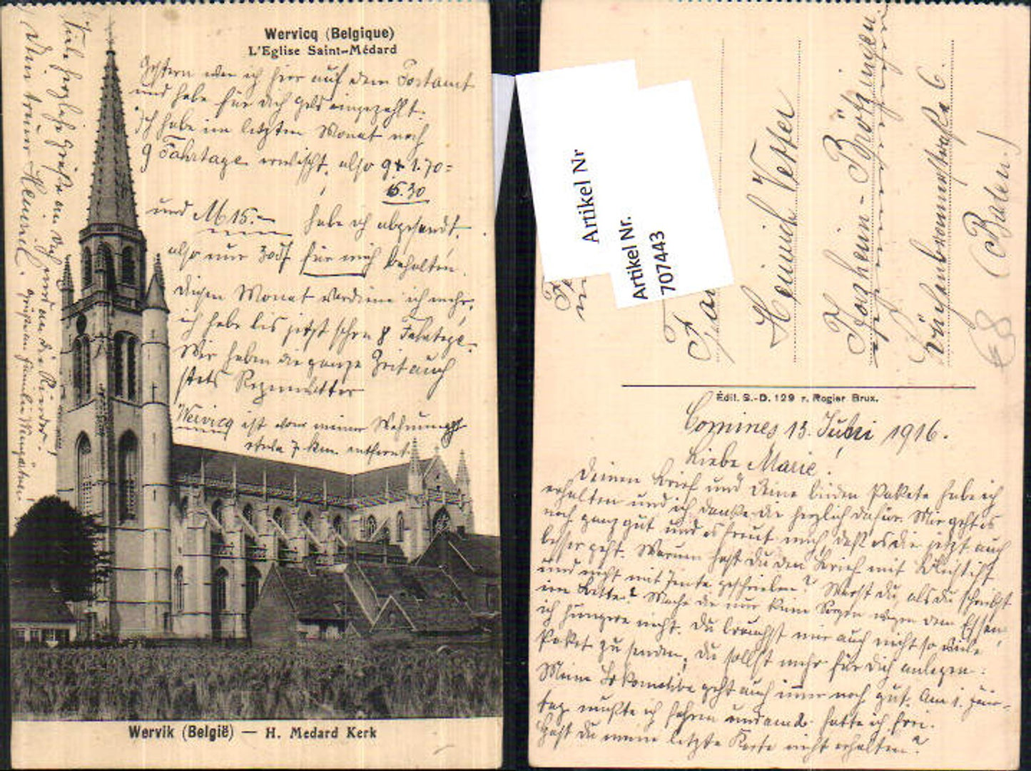 707443 Wervicq Eglise Saint Medard KD Feldpost Pforzheim Brötzingen
