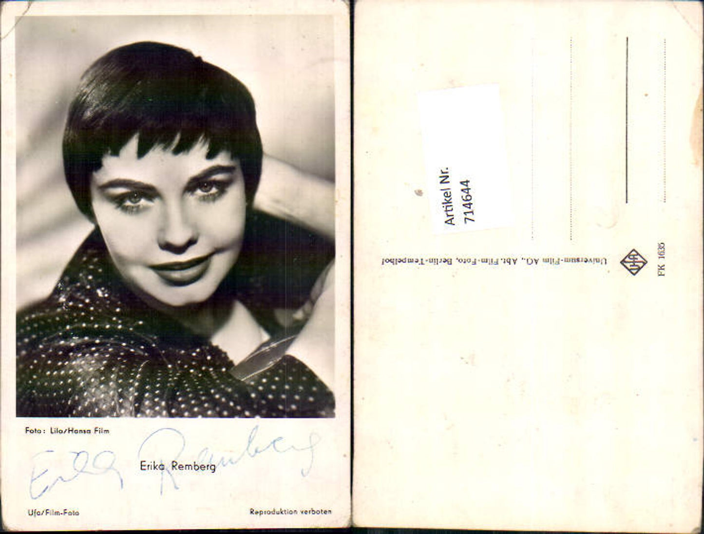 714644 Erika Remberg original signed autograph card