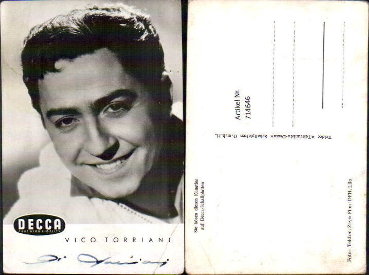 714646 Vico Torriani original signed autograph card
