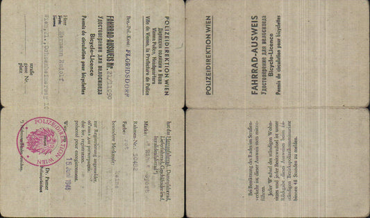 715799 Bicycle ID card, Vienna Floridsdorf Police Directorate, 1946 stamp
